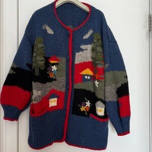 Inkantate Hand Knit 100% Wool Multi Colored Sweater Floral Heavy Cardigan